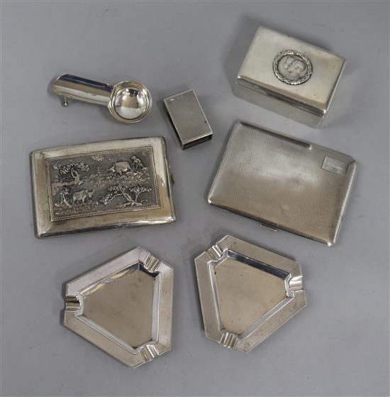 A small silver commemorative box, a Vietnamese cigarette case with cast decoration and five other items